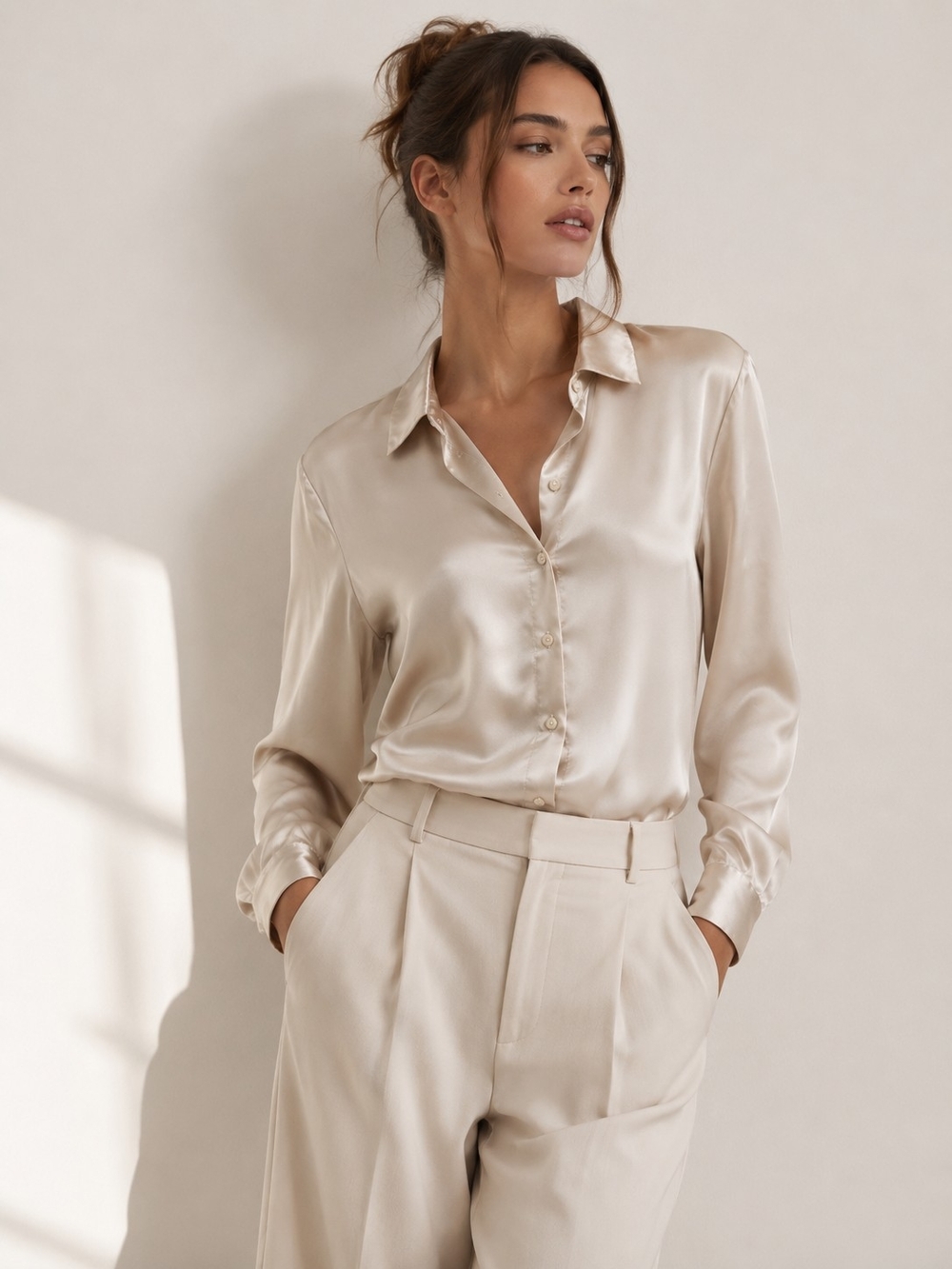 Divided Button-Down Blouse in Champagne White -size Small